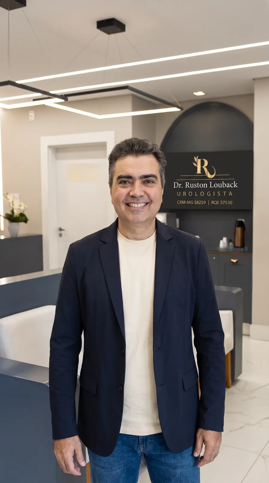 Dr. Ruston Louback na recepção do consultório, em Manhuaçu